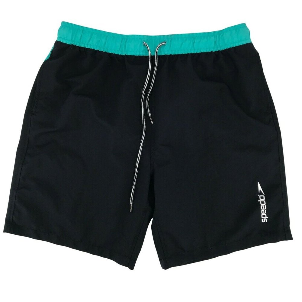 Speedo Mens High Rise Elastic Waist Drawstring Black Blue Swim Trunks Size XXL
